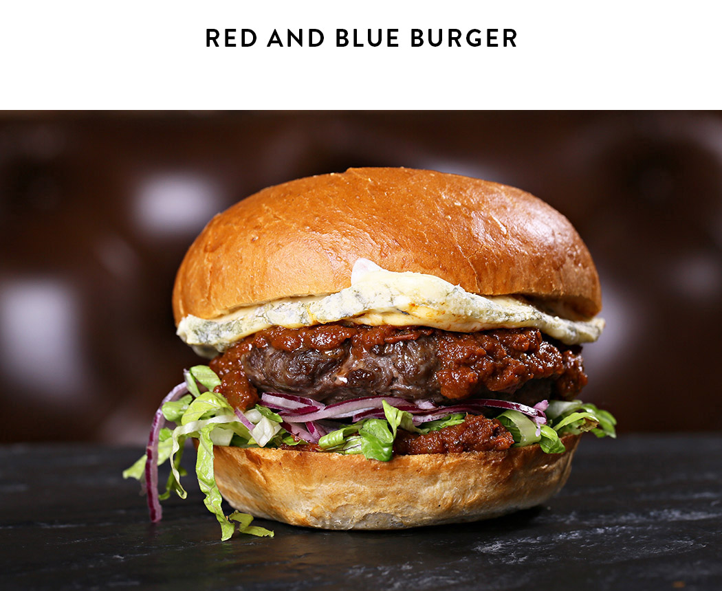 red and blue burger